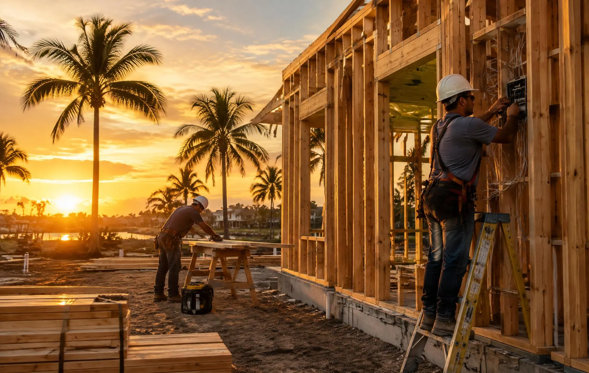 Electrician and carpenter framing a Florida home at sunset